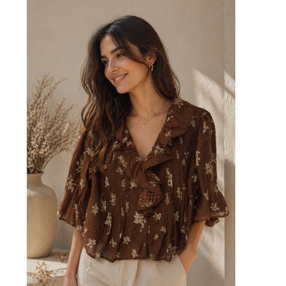 Ultra Pink Brown Floral Ruffle Blouse Cotton Swiss Dot Boho Top Large